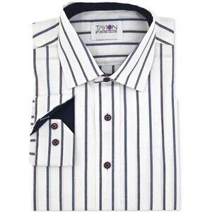 Tayion Collection Men's Slim-Fit Stripe Navy White Dress Shirt M 15-15.5/34-35